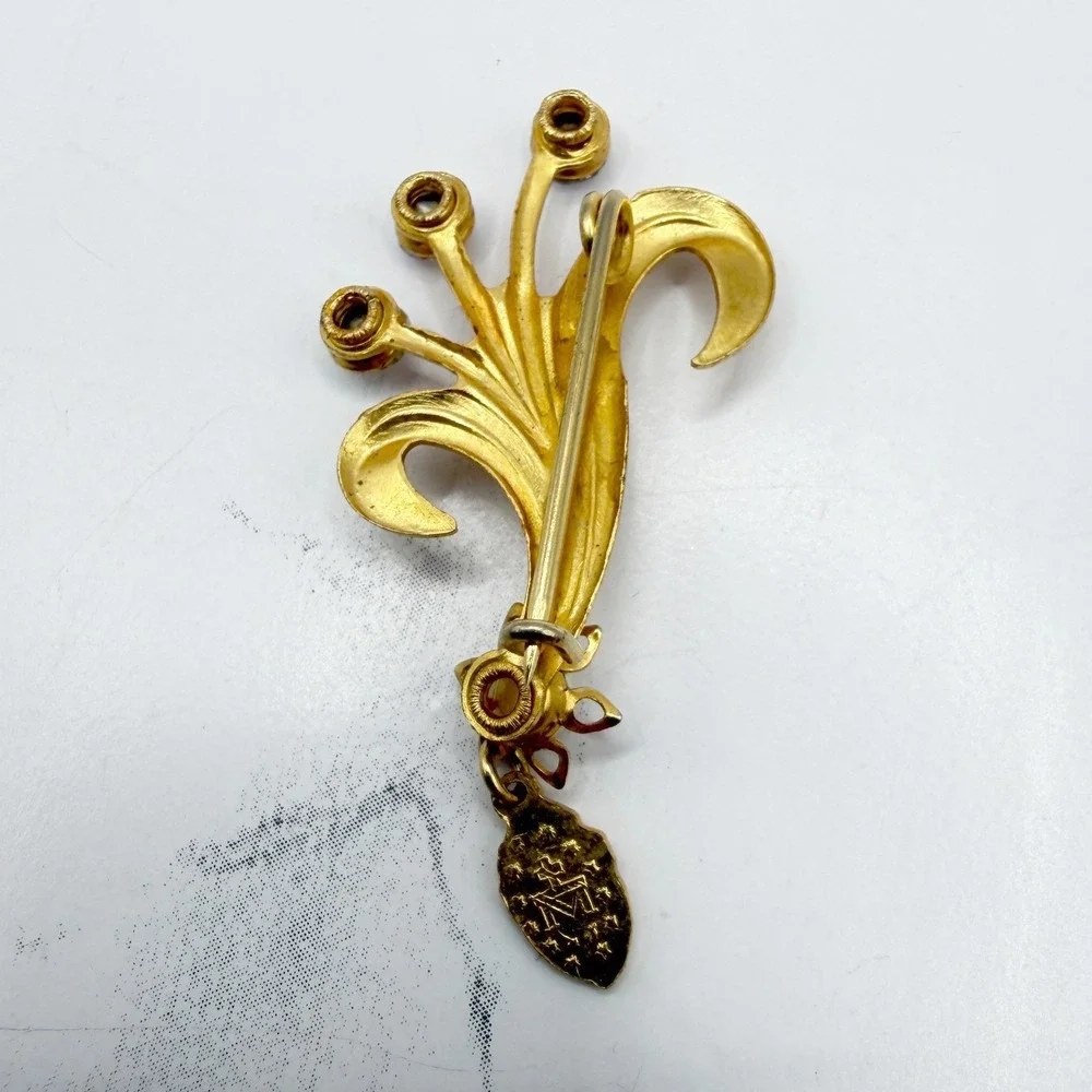 Vintage Gold Floral Spray Brooch AB Rhinestones Pearl Religious Charm‎ Pin